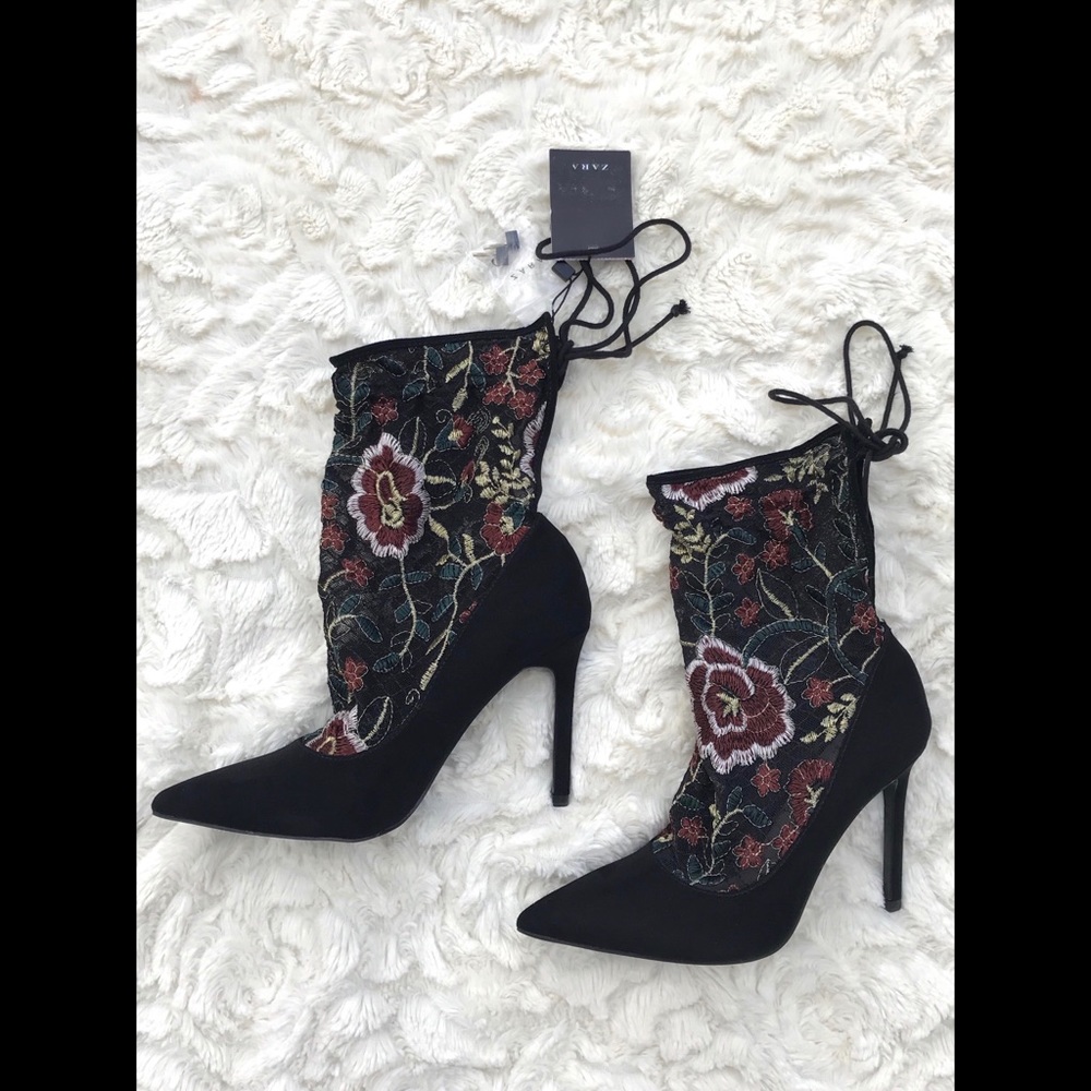 Zara Embroidered Stocking-Style High Heel Pump